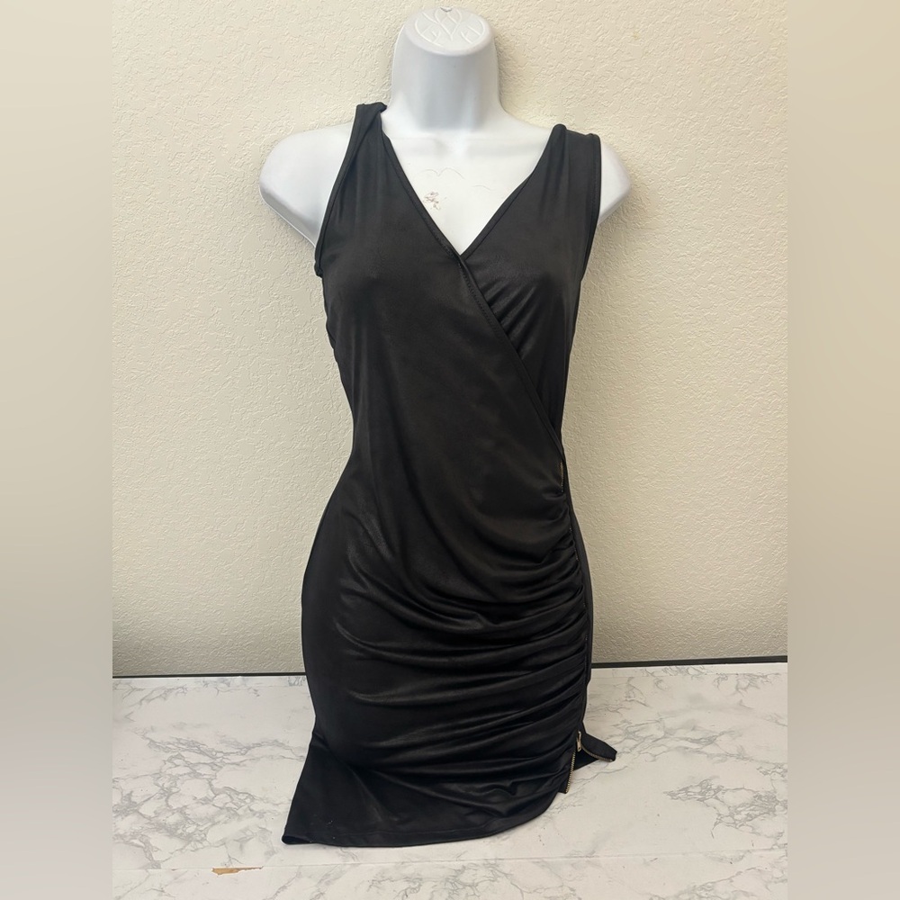 Olive Tree Maroon Faux Leather Wrap Dress Women’s S Black Bodycon Side Zip​